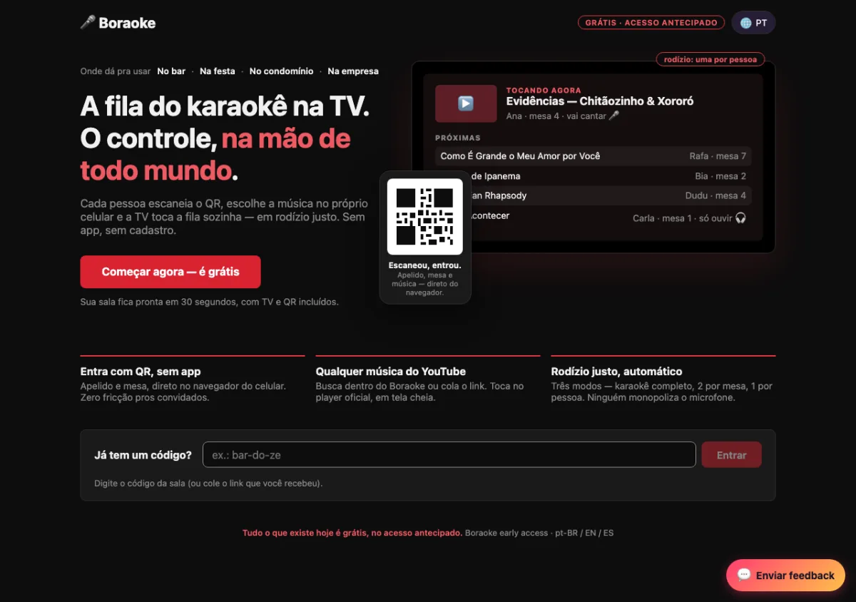 Página inicial do Boraoke, mostrando a fila de karaokê na TV e a entrada por QR