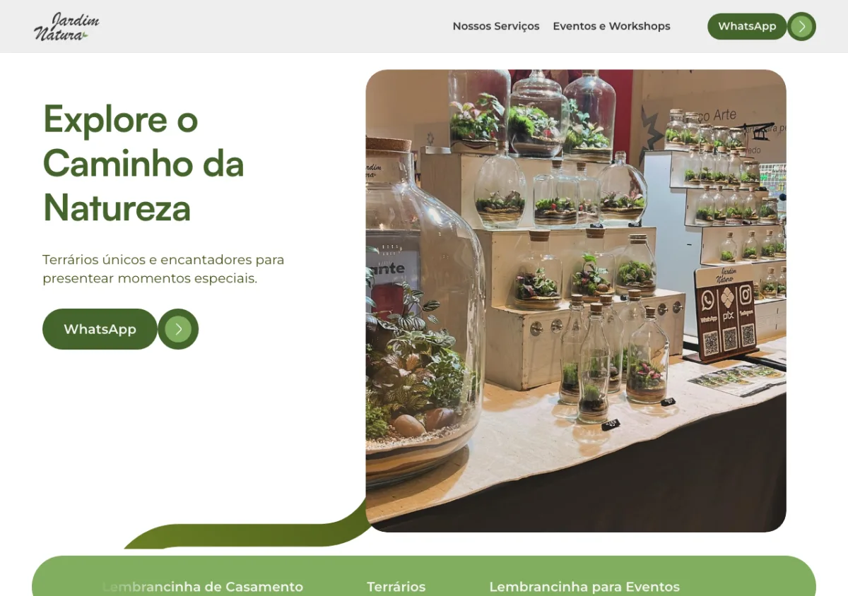 Página inicial da Jardim Natura, com terrários artesanais e contato por WhatsApp