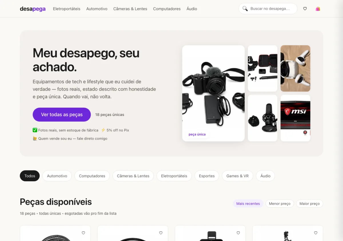 Página inicial da loja desapega, com o catálogo de peças de tech e lifestyle