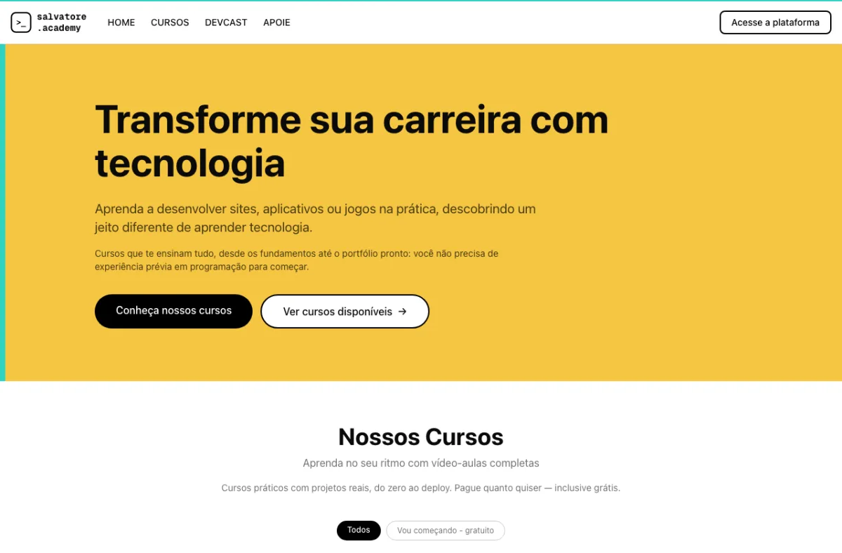 Página inicial da salvatore.academy, com a chamada dos cursos de tecnologia